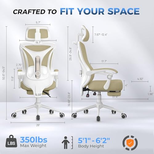 CYKOV Ergonomic Office Chair with Footrest - Adjustable Lumbar Support & Headrest, 90-135° Reclining Mesh Back Computer Chair - Home Office/Gaming, 350lbs Capacity - color: Light Grey