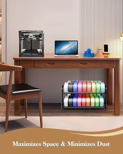 2 Tier Rolling Filament Rack, Holds 40+ 3D Spools, Under Desk Storage | Adjustable for 250g-1KG Spools, 360° Smooth Wheels, Compact 16.5" Wide, Tool-free Assembly. Perfect for 3d Farms Studios - color: Large
