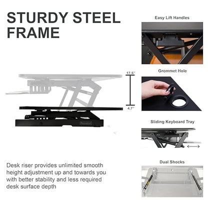 Rocelco 45" Height Adjustable Standing Desk Converter with Premium Dual Monitor Mount and Slide Out Retractable Keyboard Tray - Sit Stand Up Triple Screen Tabletop Riser - Black (R ADRB-45-MA2) - color: Black, size: 45", style: Riser+Premium Dual Mount