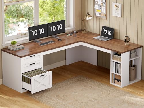 SEDETA 67" Farmhouse Executive L Shaped Desk with 3 Drawers | Executive Home Office Desks with Storage Shelves, Corner Computer Desk with Power Outlets for Home Office,White and Brown - color: White and Brown, size: L Shaped Desk