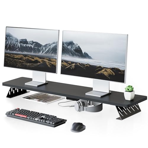 Fenge Monitor Stand Riser, Wooden & Metal Desk Shelf Organizer, Black - color: Black, size: 42.5 Inch