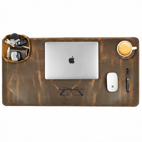 LEATHER VILLAGE Real Leather Desk Pad 3mm Thick Double Layer Desk Mat Brown | 32''x16'', Cover Blotter Large Full Grain Protector for Keyboard, Mouse & Laptop, Office Table Mat & Desktop Accessories - color: Brown