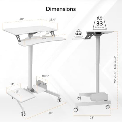 Mount-It! Mobile Computer Cart, Height-Adjustable Rolling Workstation with 28" Desktop, Keyboard Tray, Storage Shelves & Locking Wheels, Mobile Computer Stand for Office, Classroom, or Home