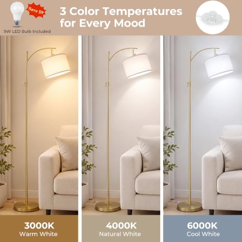 Upgraded Gold Arc Floor Lamp Adjustable Height 55-63in, 3 Color 9W LED Bulb - color: Gold+White Shade-Arc