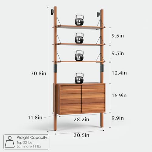 JOINICE 6 Tier Ladder Bookshelf with Storage Cabinet for Living Room,Cherry