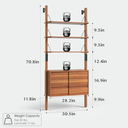 JOINICE 6 Tier Ladder Bookshelf with Storage Cabinet for Living Room,Cherry