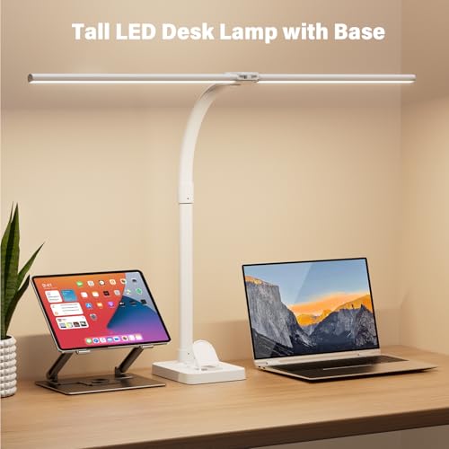 LED Desk Lamp with Base - Bright Dimmable Computer Lamp with Phone Holder, 24W Bendable Desk Light for Monitor Screen, Eye-Caring Tall Desktop Light for Task Home Office Work, White, Dual Head - color: White with Base