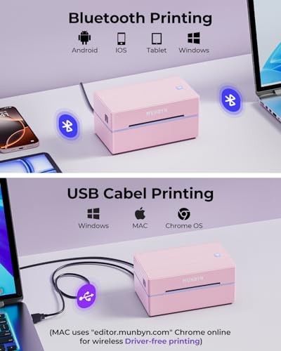 MUNBYN Bluetooth Thermal Label Printer, Wireless 4x6 Shipping Label Printer - color: Pink