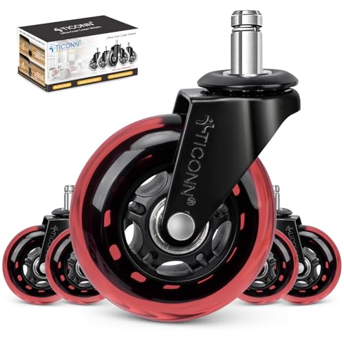 TICONN Office Chair Caster Wheels Set of 5 for Tile, Hardwood Floors and Carpets, Universal Fit for Most Chairs (Red) - style: Red