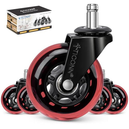TICONN Office Chair Caster Wheels Set of 5 for Tile, Hardwood Floors and Carpets, Universal Fit for Most Chairs (Red) - style: Red