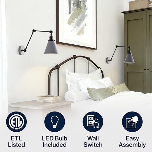 JONATHAN Y Rover 1-Light Wall Sconce 7", Gray/Black, Set of 2 | Adjustable Arm, Hardwired Bedside Reading Swing Arm, Farmhouse Cone Shade, Metal Hardwired Indoor Fixture, LED Bulbs Included - color: Gray/Black, size: Set of 2