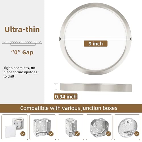 Hlite 9 Inch LED Flush Mount Ceiling Light,1800LM,6 Pack,3CCT | 18W 3000K/4000K/5000K Selectable,Super Slim,Low Profile Round Ceiling Light Fixtures for Kitchen,Bedroom,Hallway,Nickel - color: Brush Nickel, size: 9 inch-6