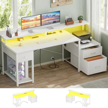 Aheaplus 59" Gaming Computer Desk with 3 Drawer, Power Outlet, Led Lights - color: White