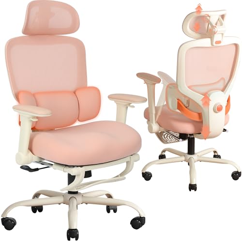 Ergonomic Office Chair with 4D Flip-Up Arms & Footrest, Mesh Desk Gaming Chair with 3D Headrest & 2D Floating Wing Lumbar Support, High Back Computer Chair for Home Office Vanity, Pink - color: Pink