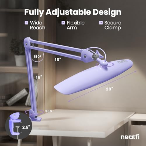 Neatfi LED Desk Lamp, 2200 Lumens, 24W, 20-Inch Wide Head (Lavender) - color: Lavender, size: Non-CCT with Clamp