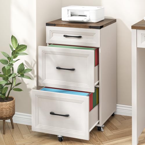3 Drawers Farmhouse File Cabinet with Wheels for Home Office, Rustic White - color: White and Brown, size: Big 3 Drawers