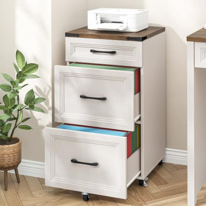 3 Drawers Farmhouse File Cabinet with Wheels for Home Office, Rustic White - color: White and Brown, size: Big 3 Drawers