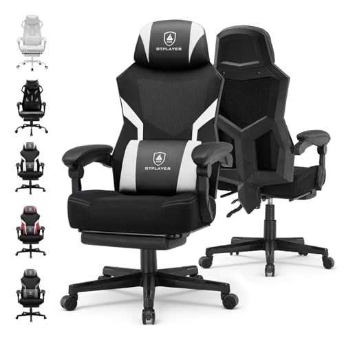 GTPLAYER Computer Chair with Adjustable Footrest, Ergonomic Gaming Chair with Headrest and Lumbar Support, Breathable Mesh Office Chair for Adults, High Back Reclining Desk Chair for Gaming and Office - color: Mix White