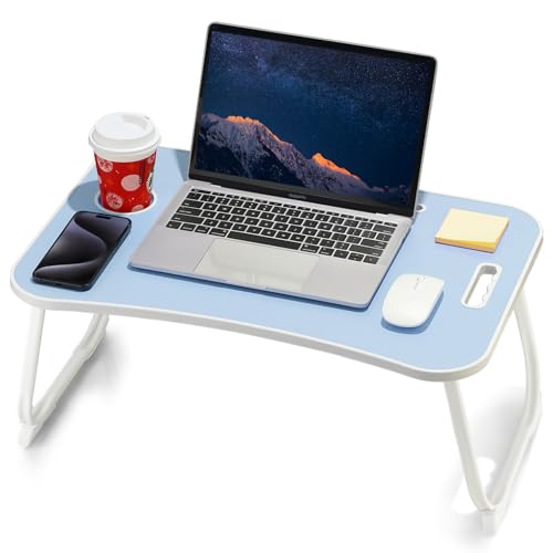 ZEAPTAC Laptop Bed Desk, Foldable Lap Desk, Portable Lap Table, Laptop Stand with Cup Holder, Tablet Slot & Lifting Handle for Work, Write, Draw & Eat on Bed, Sofa or Couch - Blue - color: Blue