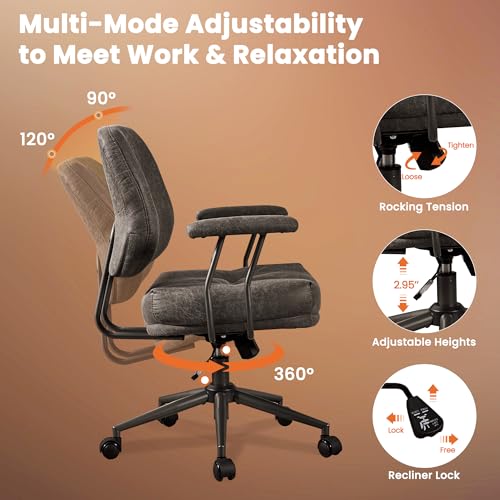 Leather Home Office Chair, Mid Back Ergonomic Desk Chair with Lumbar Support, Mid Century Modern Deep Seat Swivel Rocking Computer Chair, Dark Gray - color: Dark Gray,suede Fabric, size: Big Mid Back