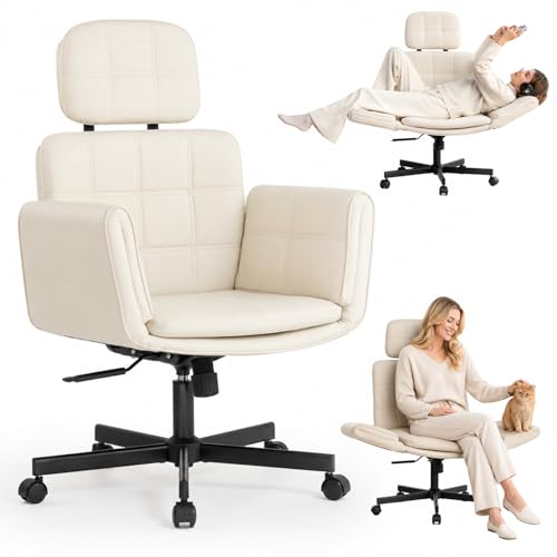 Criss Cross Chair with Wheels & Adjustable Armrests, High Back Faux Leather Desk Chair for Home Office, Comfy Cross Legged Wide Computer Task Chair, Ivory - color: Ivory