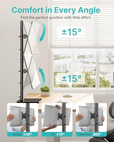 Vertical Dual Monitor Stand for 17–34 Inch Screens, Tabletop | Stacked Monitor Mount, Holds up to 33 lbs per Arm, Screens Riser with Full Motion, 33.3" Pole 12 Height Settings, 75/100 VESA