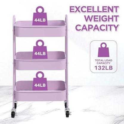 AGTEK 3 Tier Utility Rolling Cart with Lockable Wheels, Metal Multifunctional Storage, Organizer Cart for Kitchen, Office, Living Room, Makeup, Craft, Art Studio, Purple - color: Purple