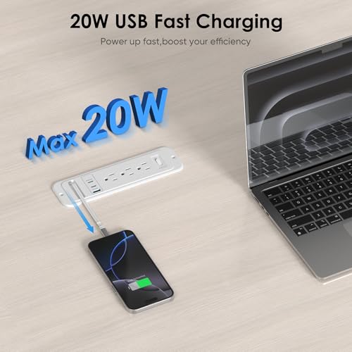Recessed Power Strip with 60cm Retractable USB C Cable, Flush Mount | Furniture Drawer Outlet kit insert in (4) 20W USB & (3) 15 Amp AC Outlets, Hidden Charging Station for Desktop - color: White