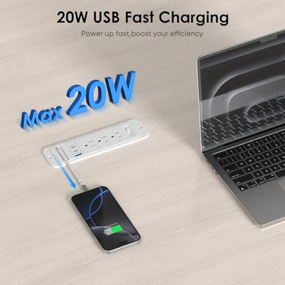 Recessed Power Strip with 60cm Retractable USB C Cable, Flush Mount | Furniture Drawer Outlet kit insert in (4) 20W USB & (3) 15 Amp AC Outlets, Hidden Charging Station for Desktop - color: White