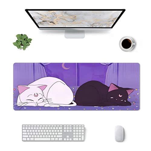 Anime Kawaii Gaming Mouse Pad - Cute Cat Large Desk Mat XL Lavender Purple Extended Mousepad - Desktop Laptop Keyboard Mouse Mat 31.5x11.8in Non-Slip Rubber Base with Stitched Edges
