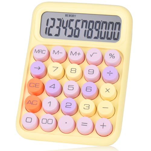 Mechanical Pushbutton Calculator,12 Digit Large LCD Display,Big Buttons Easy to Press,Colorful Candy Calculator,Automatic Sleep,with Battery.for Office,School, Home. (Yellow) - color: yellow