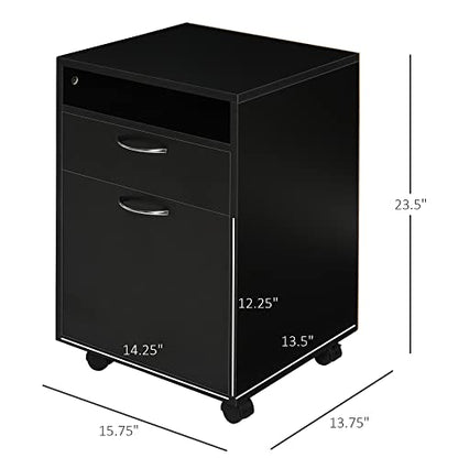 HOMCOM Mobile Storage Cabinet Organizer, Bathroom Drawer Cabinet, Black | Printer Stand, Castors - color: Black