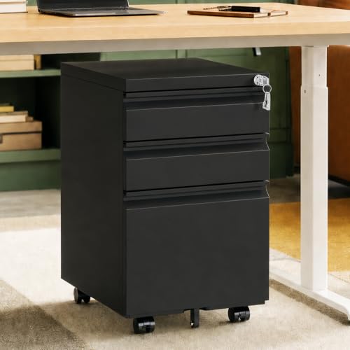3 Drawer Small Under Desk Rolling File Cabinet with Lock for Home Office | Fully Assembled,Central Locking System,Metal,Pencil Tray,Hanging File Bar,Anti-Tipping Caster - color: Black