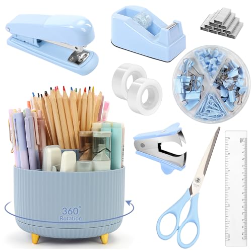 SKYDUE Blue Desk Accessories 11Pcs with Rotating Pen Holder for Desk | Included Stapler with Staples, Staple Remover, Tape Dispenser,2pcs Tape Refills, Binder Paper Clips Kit, Scissor, 2pcs Pens - color: Blue