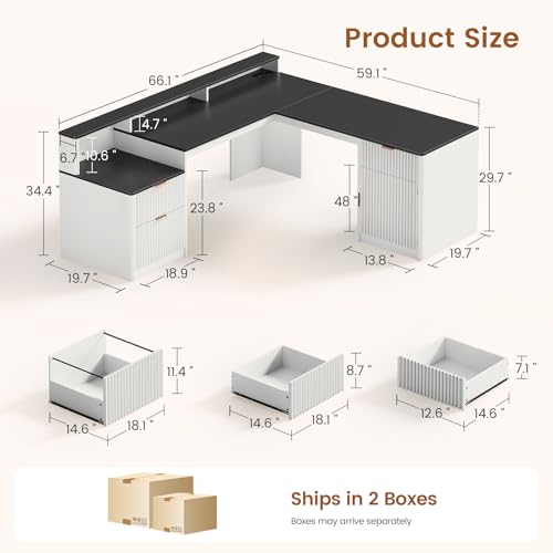 SEDETA 66" Modern L Shaped Desk with Drawers, Fluted Home Office Desk with File Cabinet and Printer Shelf, Wood Executive Desk with Monitor Stand, Led Lights, Power Outlets, White - color: White, size: L Shaped Desk