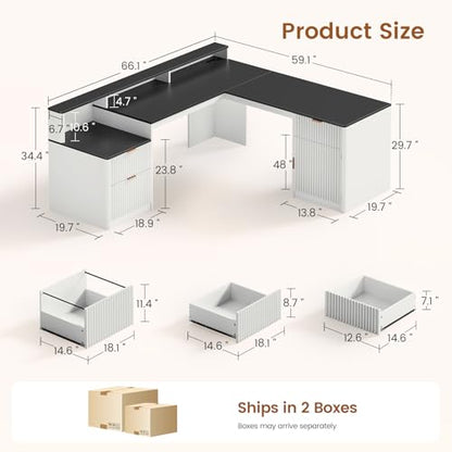 SEDETA 66" Modern L Shaped Desk with Drawers, Fluted Home Office Desk with File Cabinet and Printer Shelf, Wood Executive Desk with Monitor Stand, Led Lights, Power Outlets, White - color: White, size: L Shaped Desk