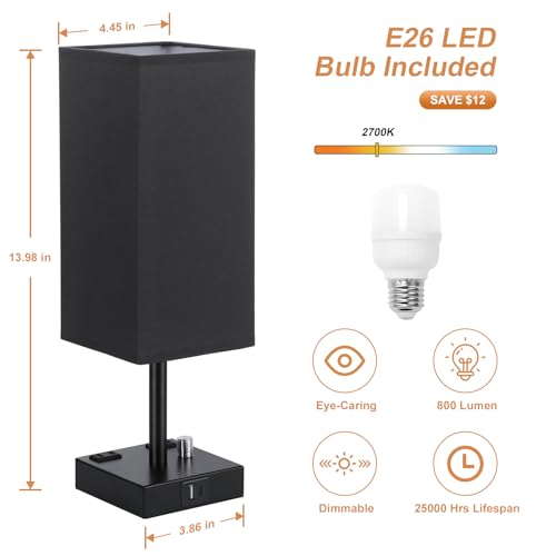 Black Bedside Table Lamps Set of 2 - Dimmable, USB C+A, 2 AC Outlets | Stepless Dimmable by Rotary Knob, 3000K LED Bulbs Included, Square Black Linen Shade, Nightstand Lamp for Living Room, Desk - color: Black