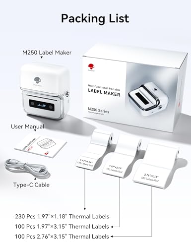 Phomemo M250 3 Inch Label Maker Machine with 3 Roll Labels | Bluetooth Thermal Label Printer, Upgrade Portable Barcode & Address Label Maker for Business, Home, School, Logo Label - color: White