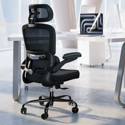 TRALT Ergonomic Office Chair Desk Chair with Adjustable Lumbar Support | Home Office Desk Chairs with Flip-up Armrests & 3D Headrest - Mesh Gaming Chairs for Adults, 330lbs, PU Leather (Black, 1) - color: Black, size: Pack of 1