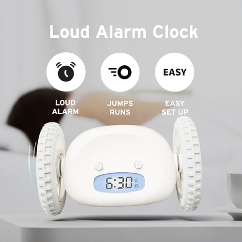 CLOCKY Alarm Clock on Wheels – Loud Rolling Alarm Clock for Heavy Sleepers - color: White