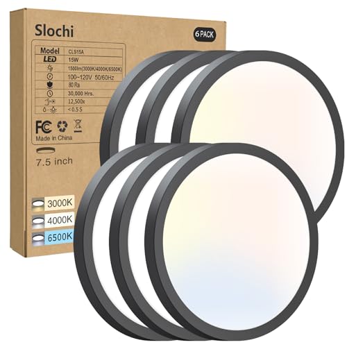 slochi 6 Pack Flush Mount Ceiling Light, 3000K-4000K-6500K Ceiling Light Fixture 7.5Inch, Ultra Thin Round White Flat led Lights for Bathroom Hallways Closet Laundry Bedroom Kitchen - color: Black, size: 7.5Inch-6Pack