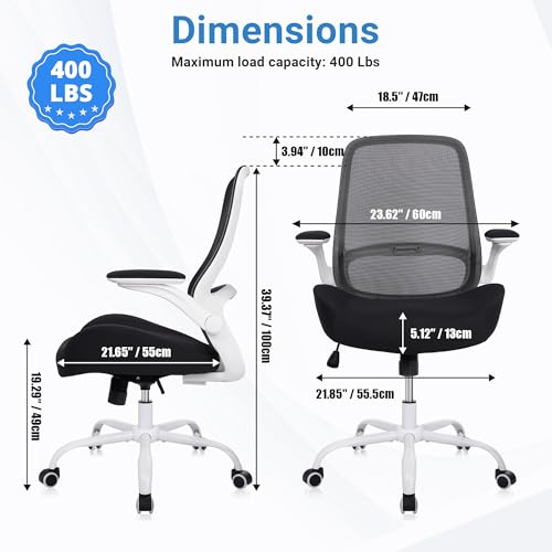 Office Chair Ergonomic Chair with Flip up Armrests, 5" Thickened Seat Computer Chair with Breathable Mesh Back Home Office Computer Chairs for Long Hours Mesh Office Chair(White Base&Black) - color: White&black