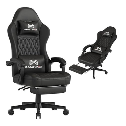 Gamtimer Gaming Chair with Footrest, Ergonomic Computer Chair, PU Breathable Material with Headrest and Lumbar Support, Suitable for Silla Gamer and Adults(Black) - color: Black