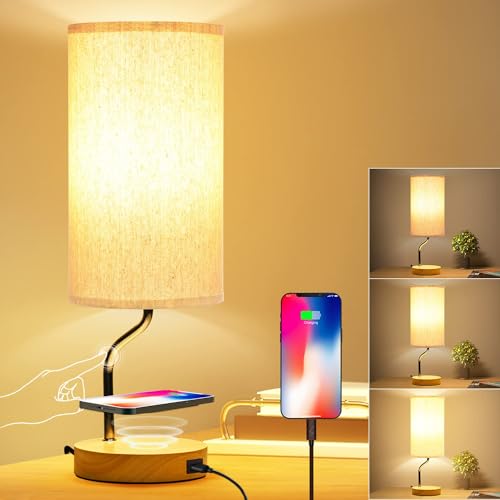 Upgraded Smart Bedside Table Lamp with Wireless Charger & USB Port - Touch Control LED Desk Lamp for Bedroom, Dimmable Wooden Nightstand Lamp with Fabric Shade for Home Living Room, Kid's Room Cream - color: Cream