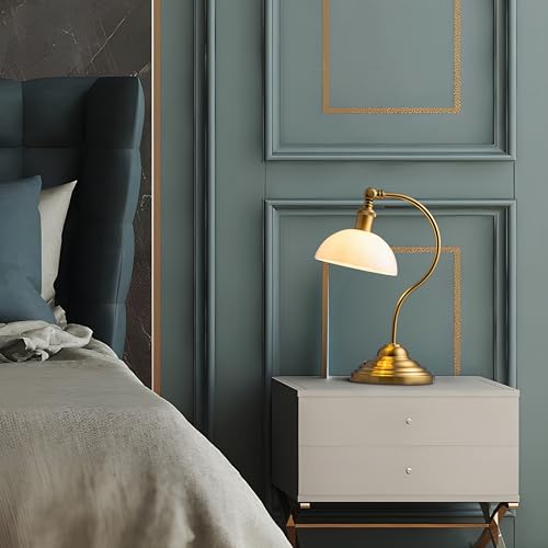 O'Bright Bankers - Cordless LED Table Lamp, Battery-Operated, Rechargeable, 3-Level Dimming, Universal USB-C Charging, 180° Swivel Head, White Jade Glass Shade, Antique Brass - color: Antique Brass-White Glass