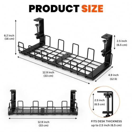 Under Desk Cable Management Tray 2 Pack, No Drill Metal Cord Organizer Box with Clamp Mount, Wire Management Rack for Standing Desk, Home Office & Gaming PC Setup, Black, 12.9 x 4.9 in