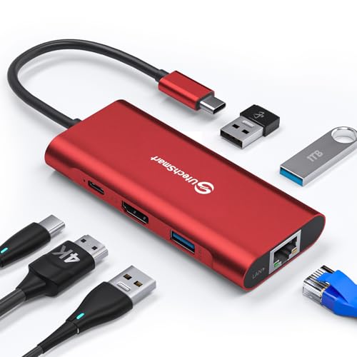 UtechSmart USB C Hub, Ethernet Multiport Adapter 6 in 1 USB C to HDMI Dock Compatible for MacBook Pro/Air, Chromebook, Dell XPS, HP and Type C Devices (Gigabit Ethernet 100W PD 4K HDMI USB 3.0) Red - color: Red