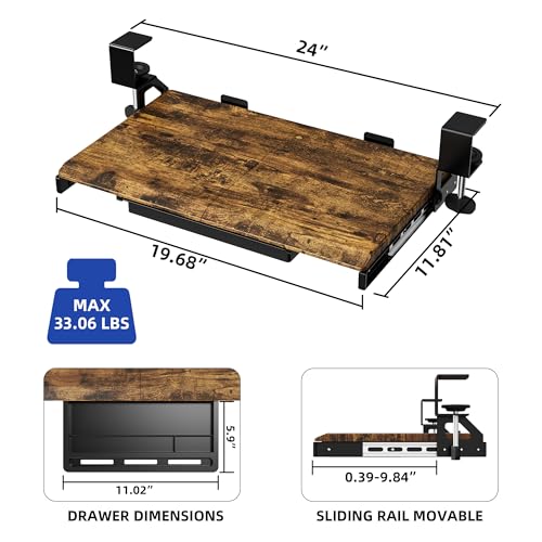 ETHU Keyboard Tray Under Desk, 19.7" X 12.2" Small Size C Clamp Keyboard Drawer Under Desk, Computer Keyboard Stand Slide Pull Out, Ergonomic Keyboard Tray for Home, Office (Wood) | Slide Out Ergonomic Keyboard Drawer, Pull Out Keyboard Tray for Home Offi