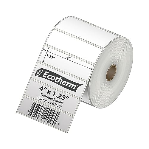 4" x 1.25" Thermal Labels | 6 Rolls | 12600 Labels | fits Zebra, Munbyn, Rollo, Godex, Arkscan, iDPRT, Offnova Thermal Label Printers and More | Blank White Adhesive Stickers by Ecotherm - size: 4 x 1.25 - 12600 Labels