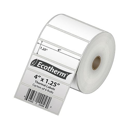 4" x 1.25" Thermal Labels | 6 Rolls | 12600 Labels | fits Zebra, Munbyn, Rollo, Godex, Arkscan, iDPRT, Offnova Thermal Label Printers and More | Blank White Adhesive Stickers by Ecotherm - size: 4 x 1.25 - 12600 Labels